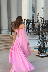 Timeless Pink One shoulder Sweetheart Chiffon Prom Dresses Gem With Lace-Up Back