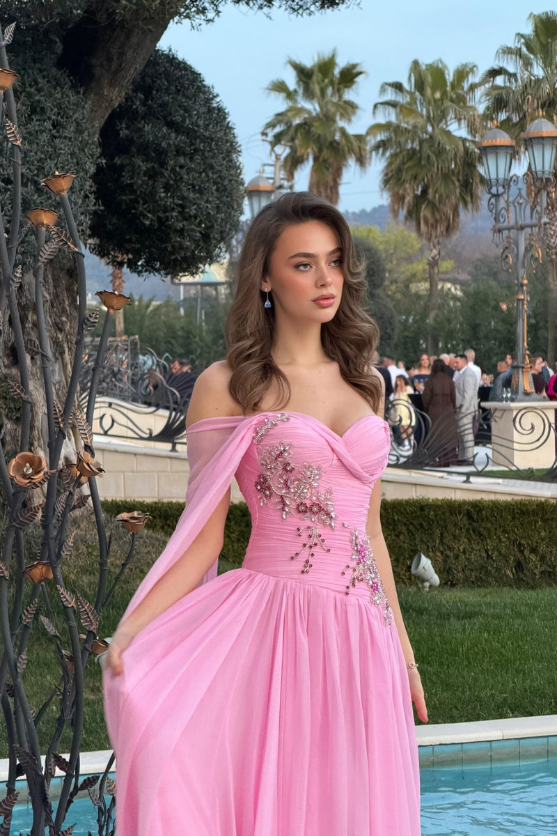 Timeless Pink One shoulder Sweetheart Chiffon Prom Dresses Gem With Lace-Up Back