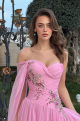 Timeless Pink One shoulder Sweetheart Chiffon Prom Dresses Gem With Lace-Up Back
