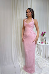 Timeless Pink Halter Sleeveless Mermaid Prom Dresses Sheath Floor Length With Pleats