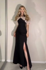 Elegant Black Off The Shoulder Satin Mermaid Prom Dresses Column With High Split