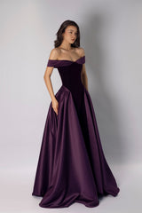 Glamorous Grape Off The Shoulder Satin Prom Dresses A-Line Floor Length With Pleats