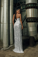 Dazzling Silver Sweetheart Strapless Sleeveless Mermaid Prom Dresses High Split With Lace-Up Back