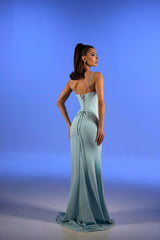 Elegant Dusty Blue Spaghetti-Straps Sweetheart Sleeveless Satin Prom Dresses High Split With Lace-Up Back