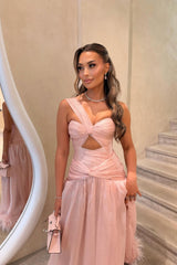 Charming Dusty Pink One shoulder Sleeveless Prom Dresses High Split With Pleats Feather