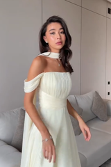 Graceful Off The Shoulder A-Line Prom Dresses Floor Length With Pleats