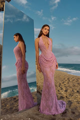 Elegant Lavender Halter V-Neck Sleeveless Lace Prom Dresses Mermaid With Pleats