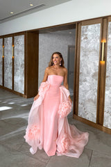 Timeless Pink Strapless Sleeveless Satin Mermaid Prom Dresses Sheath With Flower