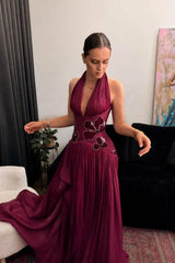 Elegant Halter V-Neck Sleeveless A-Line Prom Dresses Gem With Pleats