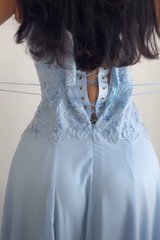 Chic Sky Blue Strapless Sleeveless Chiffon Prom Dresses Beads With Lace-Up Back