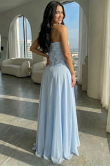 Chic Sky Blue Strapless Sleeveless Chiffon Prom Dresses Beads With Lace-Up Back