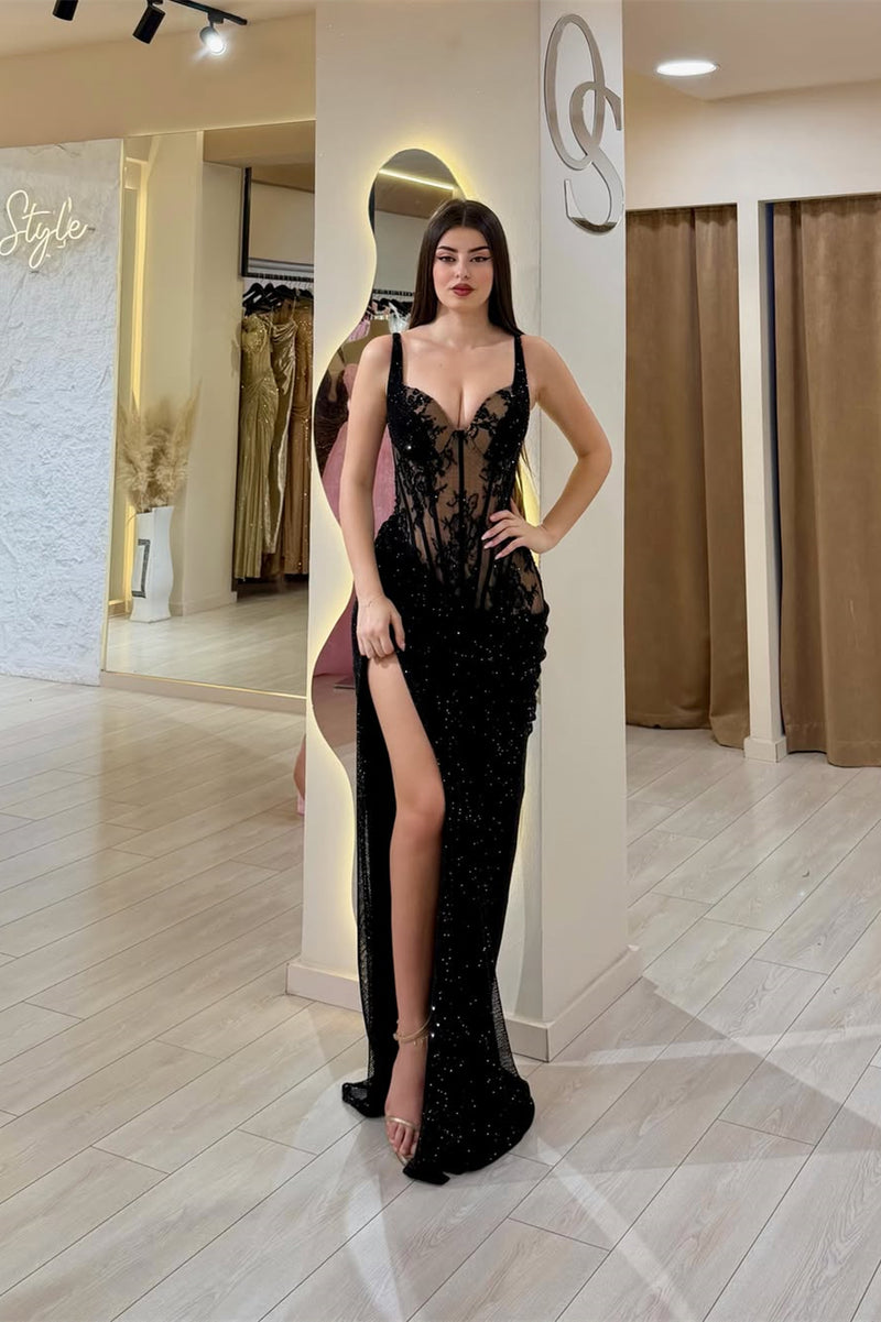 romantic evening dresses Black Sweetheart Straps Sleeveless Mermaid Prom Sheath With High Split Size:34DD/E USA, UK & European summer balls wear to work