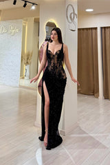 Romantic Black Sweetheart Straps Sleeveless Mermaid Prom Dresses Sheath With High Split