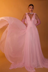 Romantic Pink V-Neck Sleeveless Chiffon Prom Dresses Floor Length With Pleats