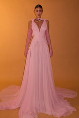 Romantic Pink V-Neck Sleeveless Chiffon Prom Dresses Floor Length With Pleats