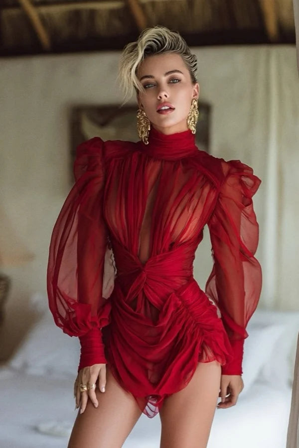 burgundy long sleeve homecoming dress Romantic High Collar Sleeves Dresses Mini With Pleats With built