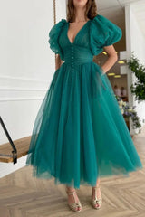Romantic V-Neck Short Sleeves Tulle Prom Dresses Ankle Length With Pleats