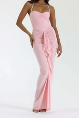Chic Pink Halter Sweetheart Sleeveless Mermaid Prom Dresses Column With Pleats