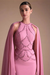 Charming Dusty Pink Halter Sleeveless Mermaid Prom Dresses Beads With Wrap