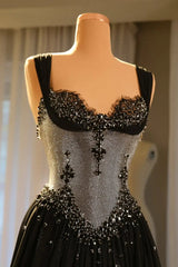 Elegant Black Sweetheart Straps Sleeveless Prom Dresses A-Line With Gem Pleats