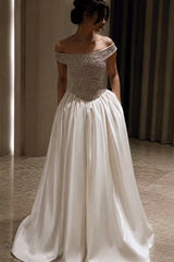 Graceful Off The Shoulder Satin Prom Dresses A-Line Gem Pockets With Pleats Zipper