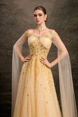 Timeless Gold Off The Shoulder Tulle Prom Dresses A-Line Sequins With Beads