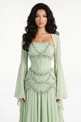Timeless Dusty Sage Strapless Sleeveless Chiffon Prom Dresses Beads Pearls With Lace-Up Back