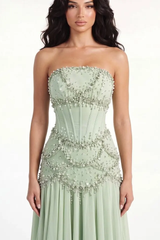 Timeless Dusty Sage Strapless Sleeveless Chiffon Prom Dresses Beads Pearls With Lace-Up Back
