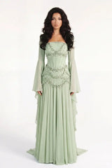 Timeless Dusty Sage Strapless Sleeveless Chiffon Prom Dresses Beads Pearls With Lace-Up Back