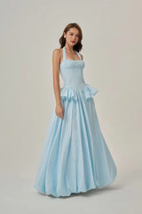 Pretty Sky Blue Halter Sleeveless Satin Prom Dresses A-Line With Zipper Pleats