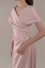Romantic Dusty Rose Short Sleeves Satin Prom Dresses Floor Length With Lace-Up Back