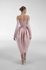 Charming Pink Sweetheart Long Sleeves Satin Prom Dresses Pleats With Zipper