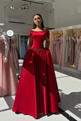 Graceful Red Off The Shoulder Satin Prom Dresses A-Line With Beads Pleats
