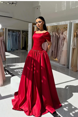 Graceful Red Off The Shoulder Satin Prom Dresses A-Line With Beads Pleats