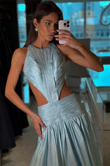 Chic Dusty Blue Sleeveless Satin Prom Dresses A-Line Backless With Pleats Zipper