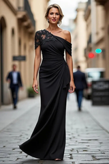 Graceful Black Asymmetrical Satin Prom Dresses Mermaid Sheath With Zipper
