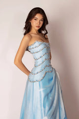 Romantic Sky Blue Strapless Sleeveless Satin Prom Dresses A-Line With Beads Pearls