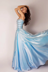 Romantic Sky Blue Strapless Sleeveless Satin Prom Dresses A-Line With Beads Pearls