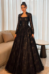 Graceful Black Long Sleeves Lace Prom Dresses A-Line With Zipper