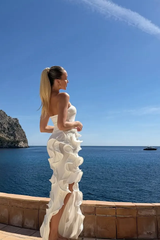 Elegant White Strapless Sleeveless Mermaid Satin Prom Dresses Column With High Split