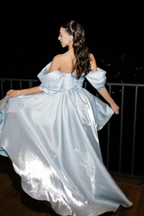Elegant Blue Off The Shoulder Satin Prom Dresses A-Line With Lace-Up Back