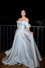 Elegant Blue Off The Shoulder Satin Prom Dresses A-Line With Lace-Up Back