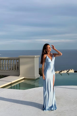 Chic Sky Blue V-Neck Spaghetti-Straps Satin Prom Dresses Mermaid Backless With High Split