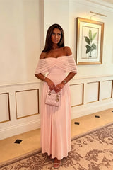 Pretty Pink Off The Shoulder Chiffon Prom Dresses Long With Pleats Zipper