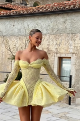 Timeless Daffodil Sweetheart Long Sleeves Lace Homecoming Dresses Mini With Lace-Up Back