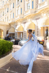 Elegant Dusty Blue Strapless Sleeveless Prom Dresses A-Line With Lace-Up Back