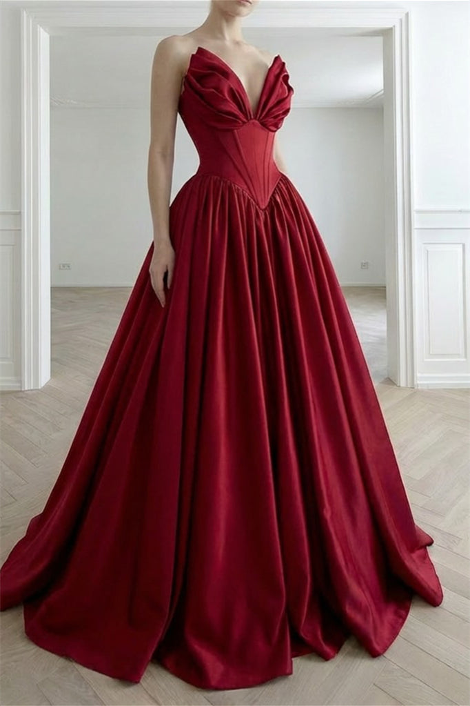 Graceful Burgundy Strapless Sleeveless Satin Prom Dresses A-Line Pleats With Lace-Up Back