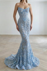 Charming Sky Blue Sweetheart Strapless Sleeveless Mermaid Prom Dresses Beads With Lace-Up Back