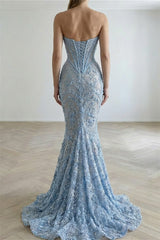 Charming Sky Blue Sweetheart Strapless Sleeveless Mermaid Prom Dresses Beads With Lace-Up Back