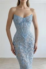 Charming Sky Blue Sweetheart Strapless Sleeveless Mermaid Prom Dresses Beads With Lace-Up Back